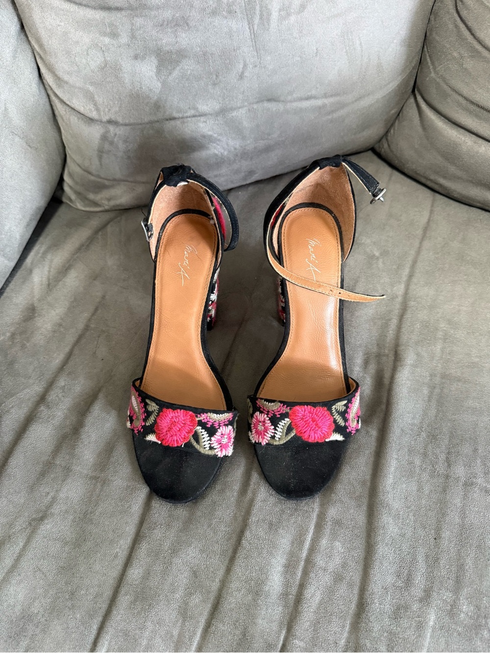 Embellished Black Ankle-Strap Heels with Pink Floral Embroidery